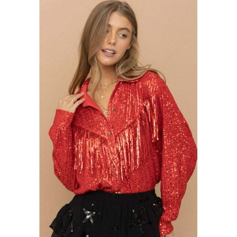 Texas Hold'em Red Sequin Fringe Western Button Up Top Vegas Party Shirt 32377T - Picture 9 of 11